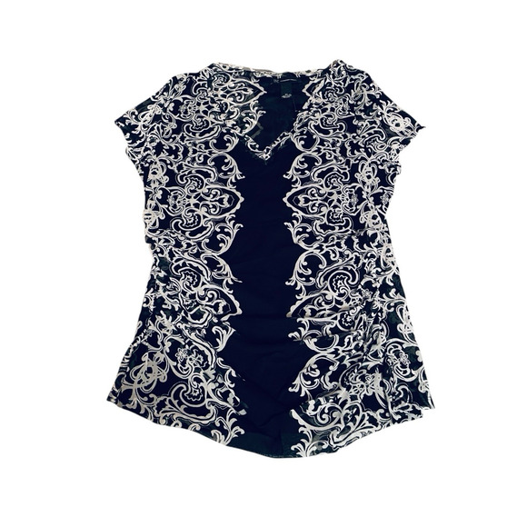 NWT Macys B&W Baroque Mesh Ruched V-Neck Top XL I.N.C. International Concepts - Picture 1 of 9